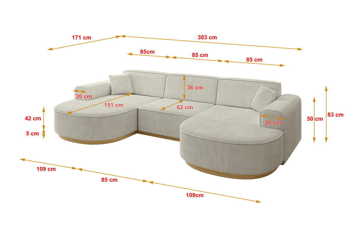 WOHNLANDSCHAFT MARI-U1-v2 - 303x171x83 cm Creme Cord - Hellgrau/Creme, Holzwerkstoff/Textil (303/83/171cm) - ALTDECOR