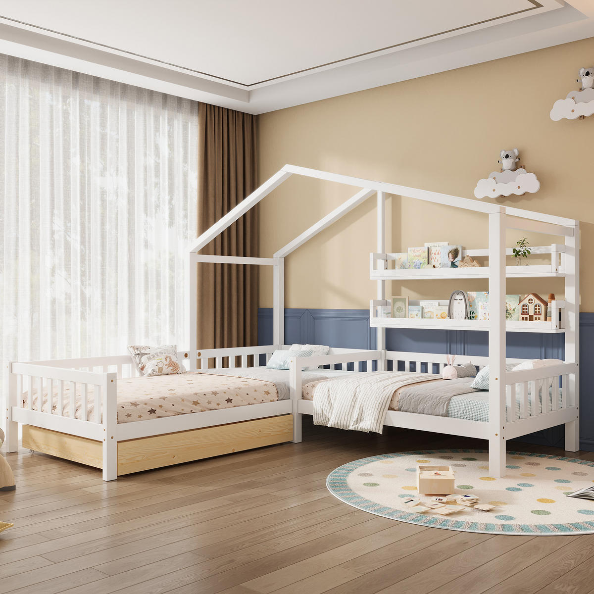 HAUSBETT 90/200+140/70 mit Schubladen und Regalen in Weiß - Weiß, Holzwerkstoff (90/200cm) - EVRYAE