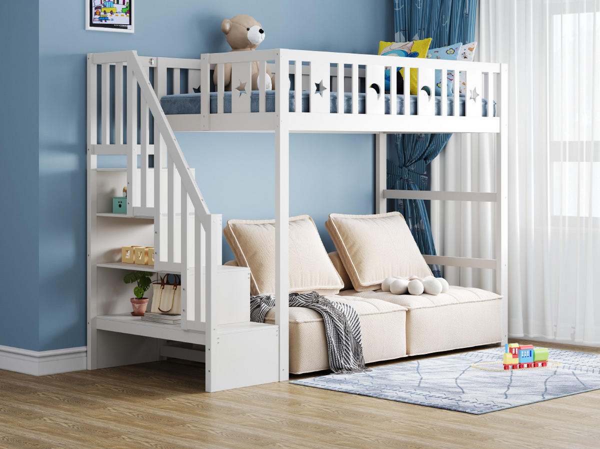 HOCHBETT 90/200 cm mit Treppe, Regalen und Sofabereich, Weiß - Weiß, Holzwerkstoff (90/200cm) - Redom