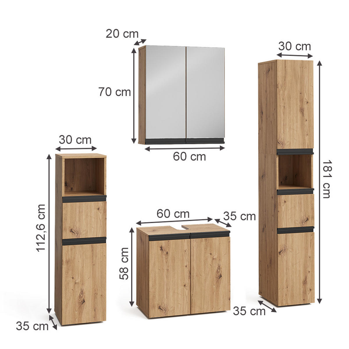 BADMÖBEL-SET Torren Artisan 4 Teile - Hellgrau, Holzwerkstoff (60/58/35cm) - Vicco