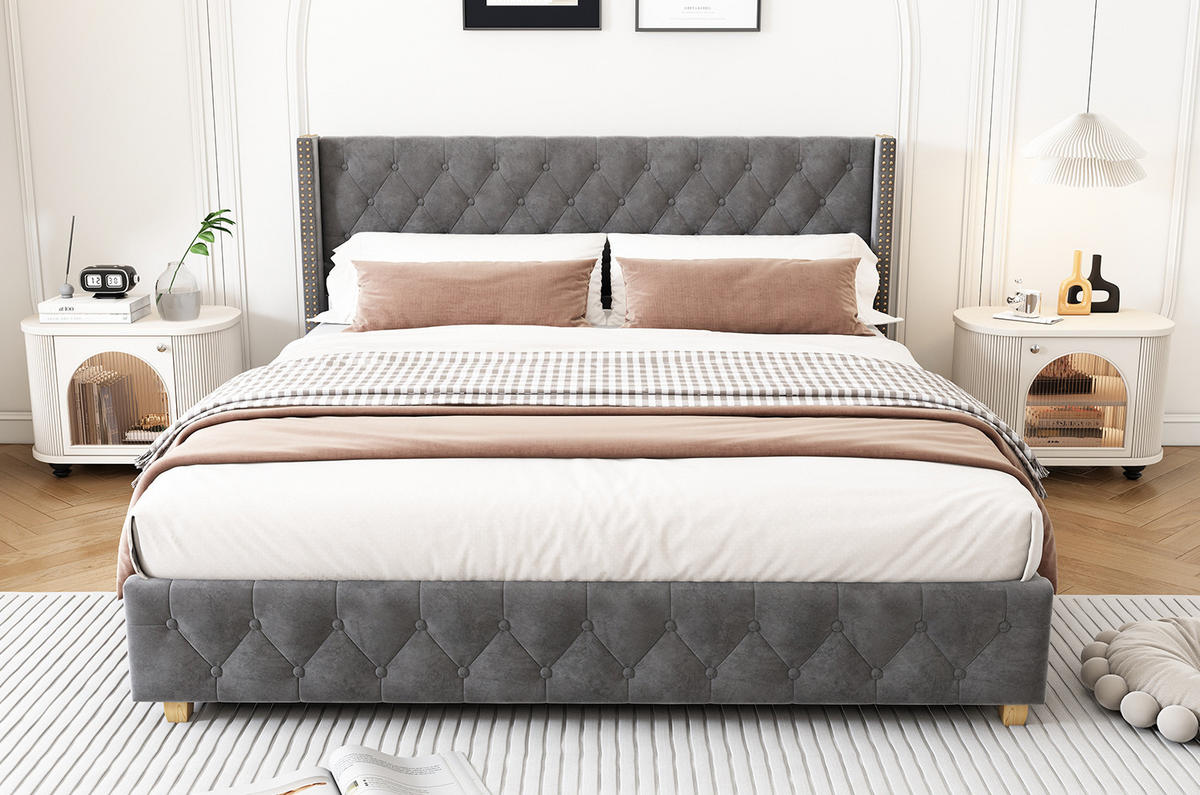 POLSTERBETT 160/200 cm Grau aus Samt mit Knopfheftung - Grau, Textil (160/200cm) - OKMYHOME