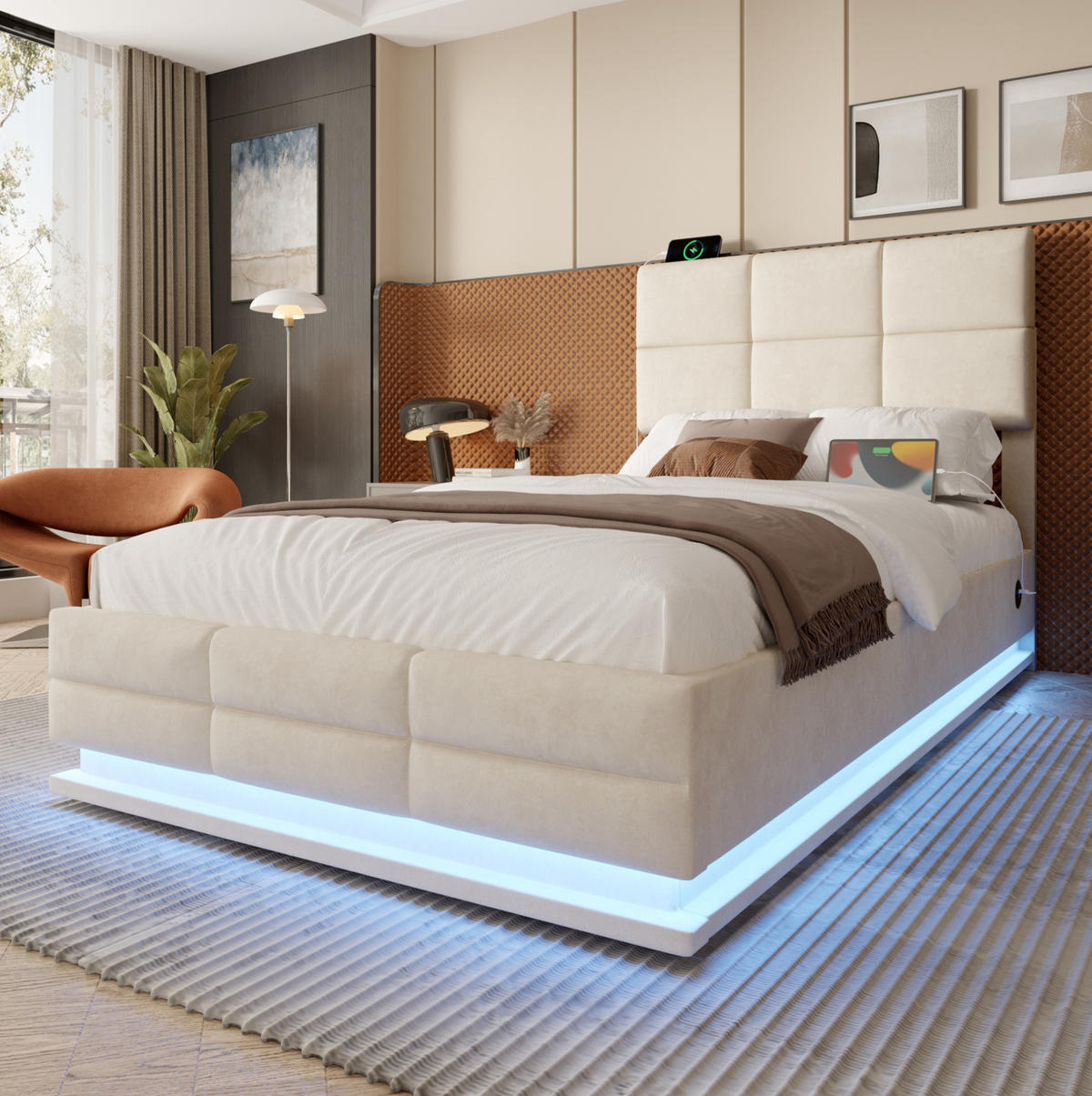 POLSTERBETT 90/200 cm mit LED-Beleuchtung, USB-Anschlüssen, hydraulischem Stauraum und verstellbarem Kopfteil, Beige - Beige, Textil (90/200cm) - Redom