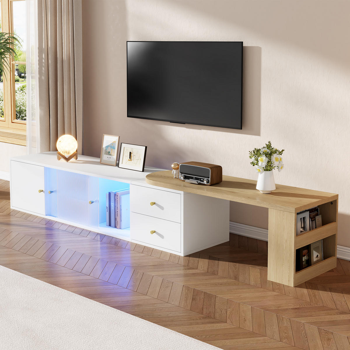 TV-LOWBOARD LED Ausziehbar Schubladen Glas Türen Weiß Holz - Multicolor, Holzwerkstoff (175/38/40cm) - FLIEKS