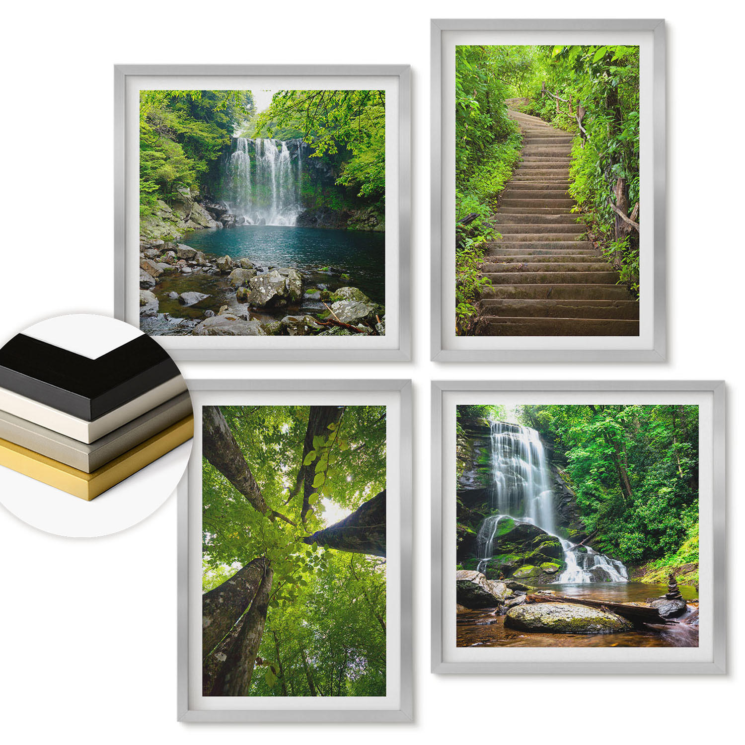 WANDBILDER 4er Set - 50x50 cm & 40x60 cm Silberner Rahmen - Pfad Wald Wasserfall Vegetation - Silberfarben, Kunststoff (50/50cm) - ArtPrintCave