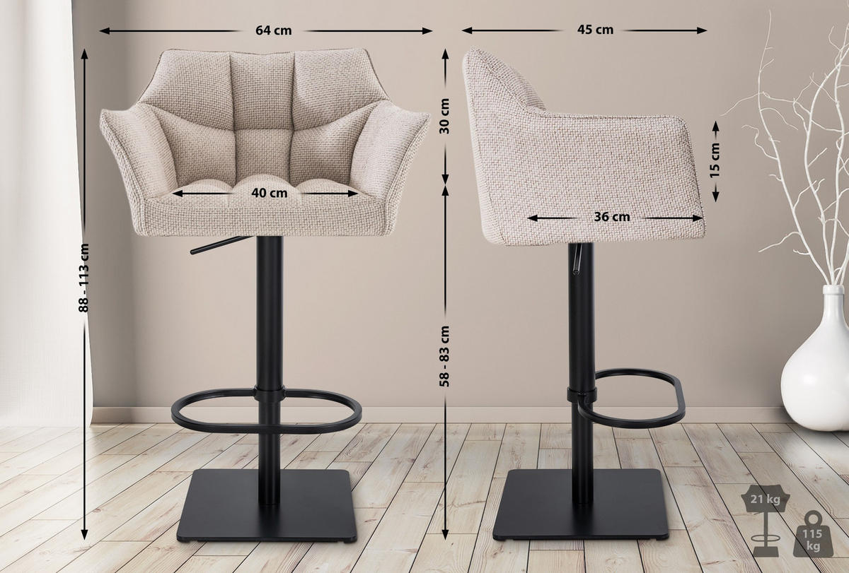 BARHOCKER 2er Set Stoff Elfenbein - Creme/Schwarz, Textil/Metall (64/88/45cm) - CLP
