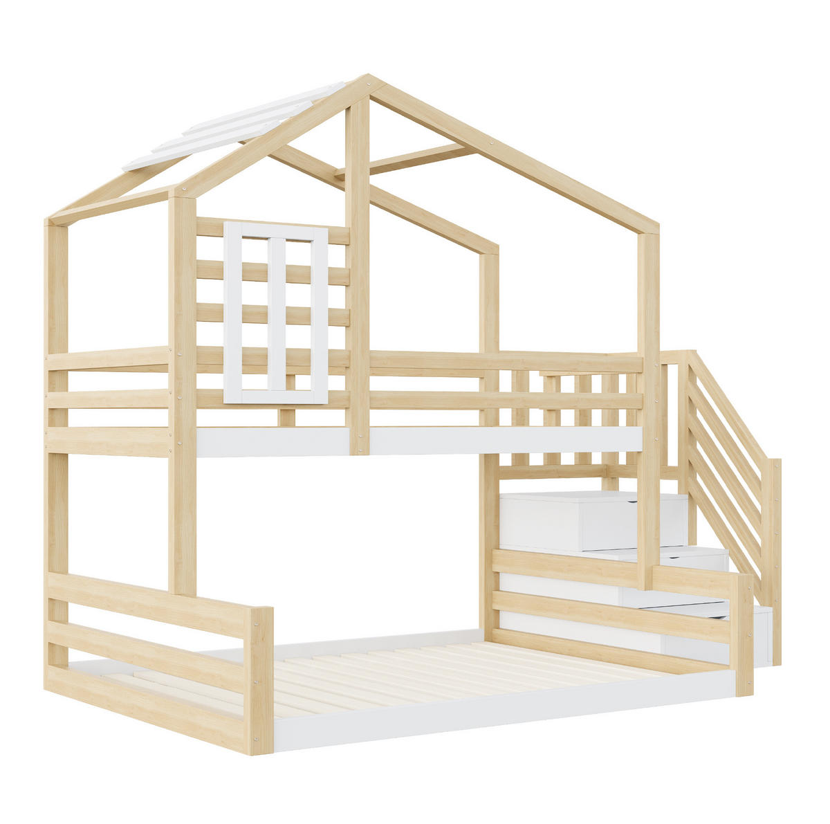 ETAGENBETT aus Kiefernholz 90x200/140x200 cm in Natur mit Treppenschrank & Fenster - Naturfarben, Holz (90/200cm) - Modfu