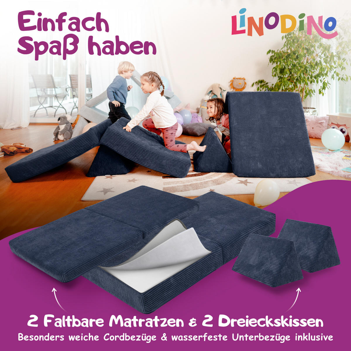 KINDERSOFA Spielparadies - Dunkelblau, Textil (66/52/150cm) - Linodino