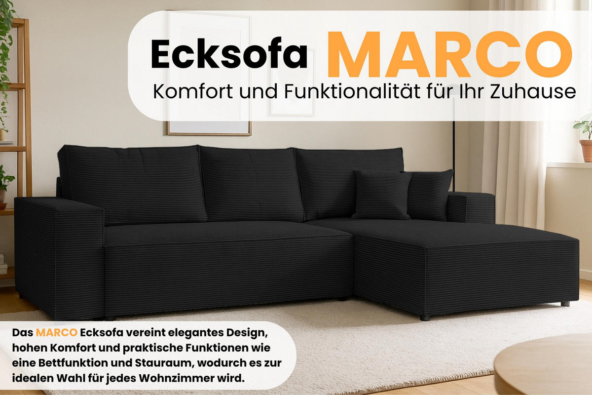 ECKSOFA MARCO 294/185 in Cord Schwarz mit Schlaffunktion rechts - Schwarz, Holz/Holzwerkstoff (294/185cm) - Deine Möbel 24