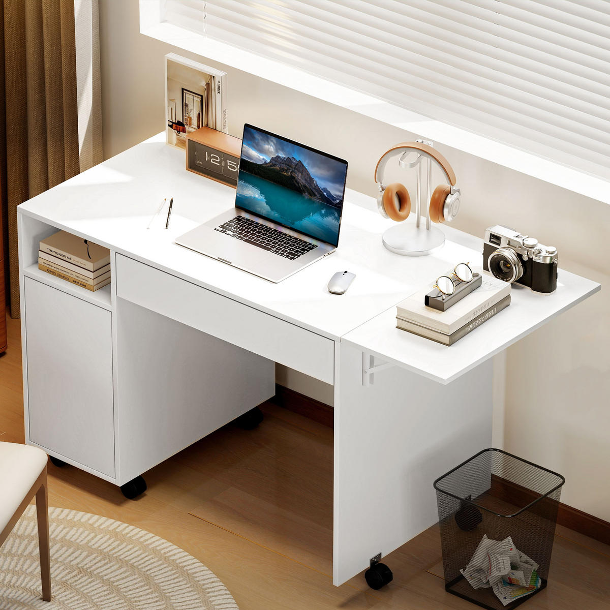 ROLLBARER Computertisch, klappbarer Schreibtisch mit Schrank und Schublade - Weiß, Holzwerkstoff (130/58/73.2cm) - HOMCOM