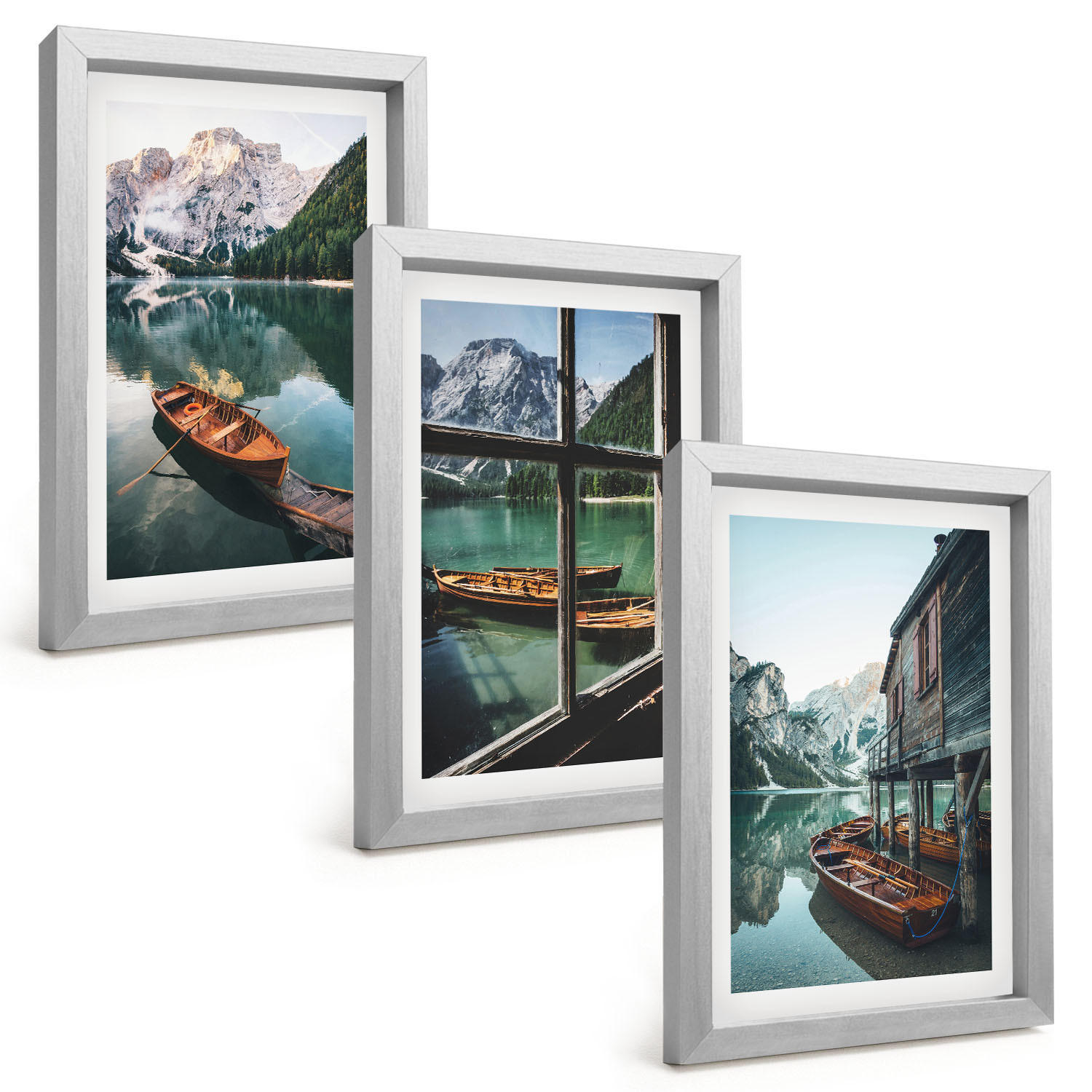 BILDER SET 3er Set - 20x30 cm Silberner Rahmen - Bootshaus am Bergsee - Silberfarben, Kunststoff (20/30cm) - TULUP