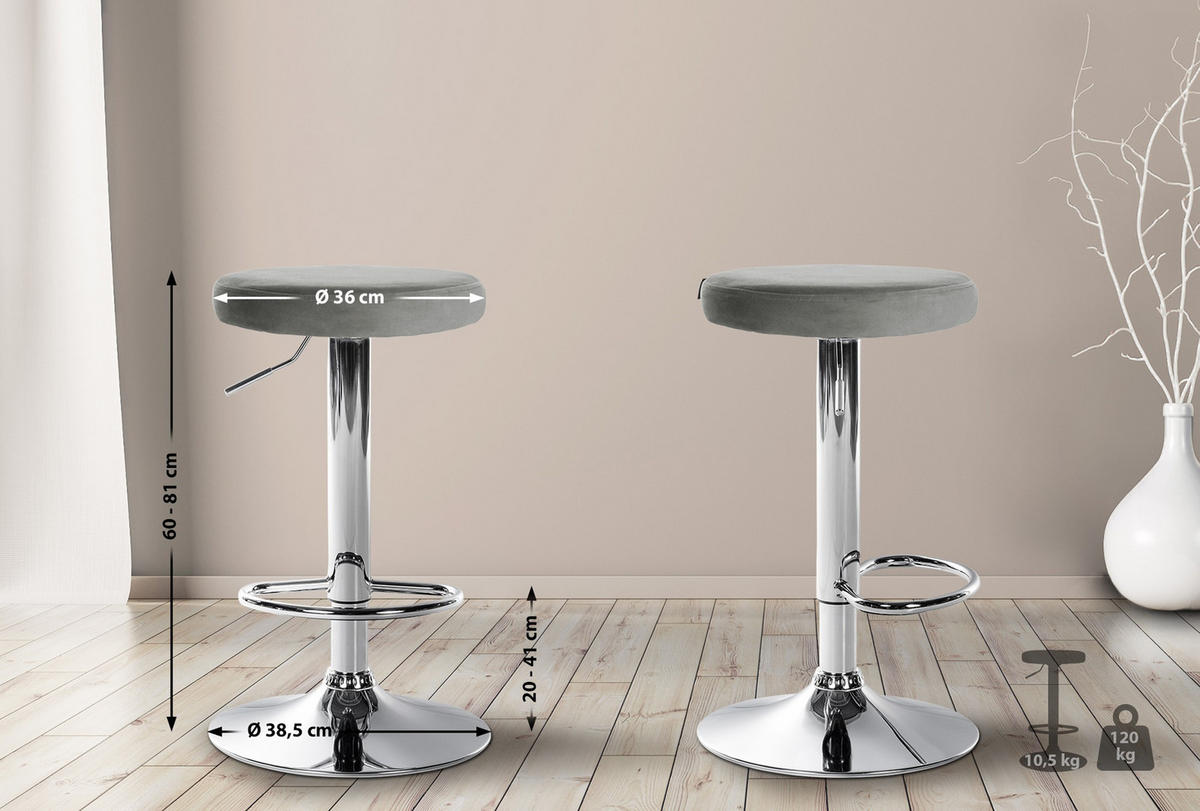 BARHOCKER 2er Set Pontius Samt chrom grau - Chromfarben/Grau, Textil/Metall (38.5/81/38.5cm) - TPFLiving