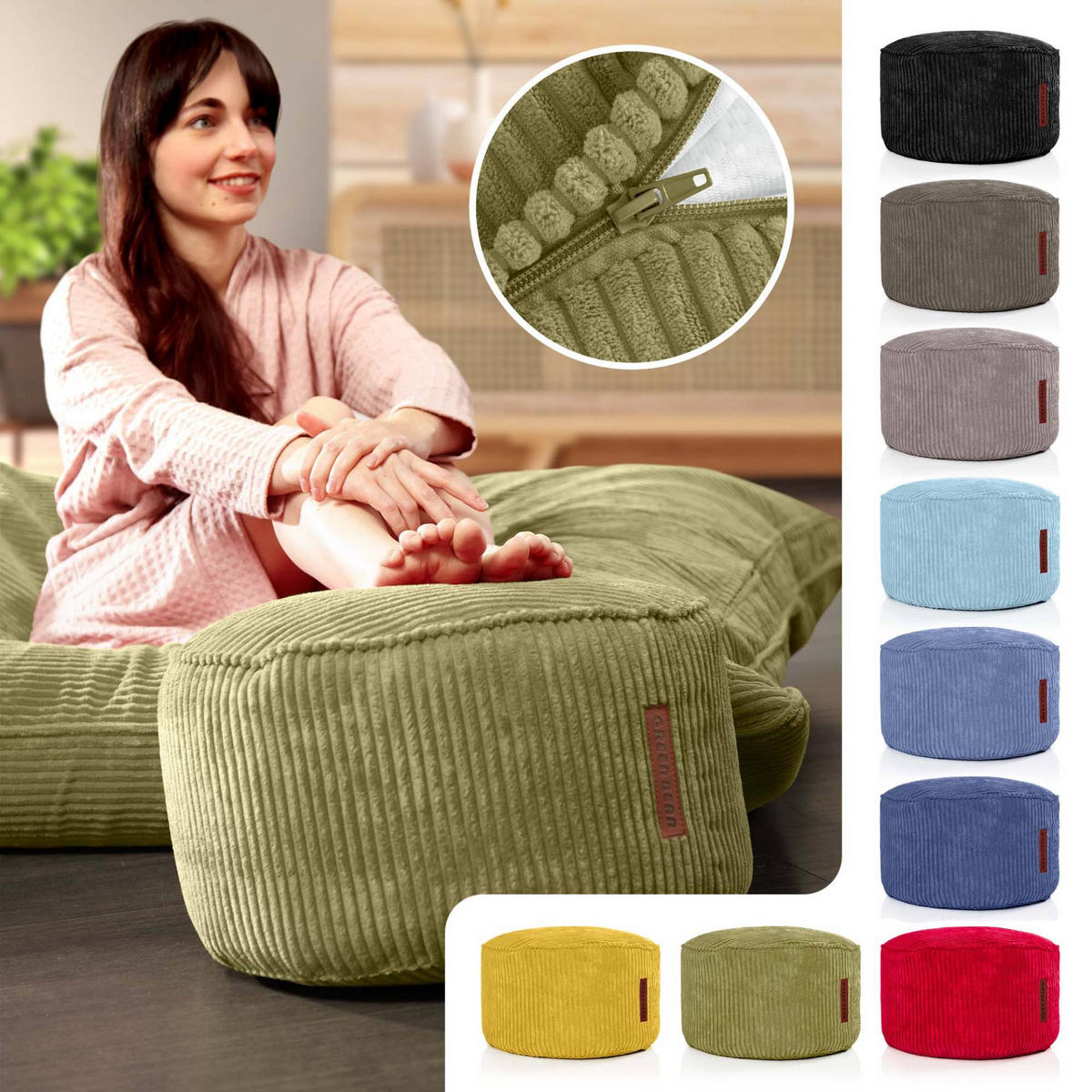 SITZSACK-HOCKER Pouf "Cord" 45x25cm - Grün, Textil (45/25/45cm) - Green Bean