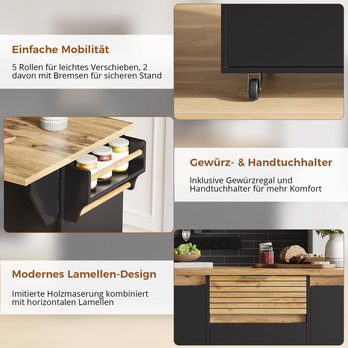 KÜCHENINSEL auf Rollen 120/45/90 cm Schwarz mit klappbarer Arbeitsplatte, 1 Schublade und 3-stufigem Türregal - Silberfarben/Schwarz, Holz/Holzwerkstoff (70/90/120cm) - Oxeza
