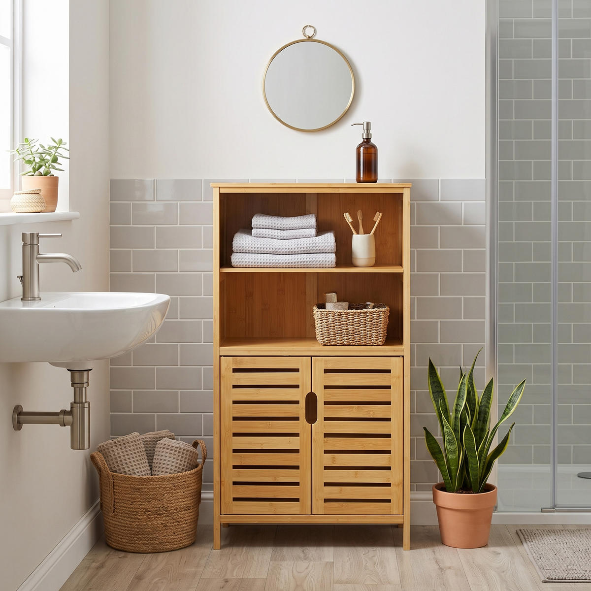 BADRUMSSKÅP Bambu underskåp med jalusidörrar & tippskydd - Naturfärgad, Naturmaterial (50/92/29cm) - Urban Meuble