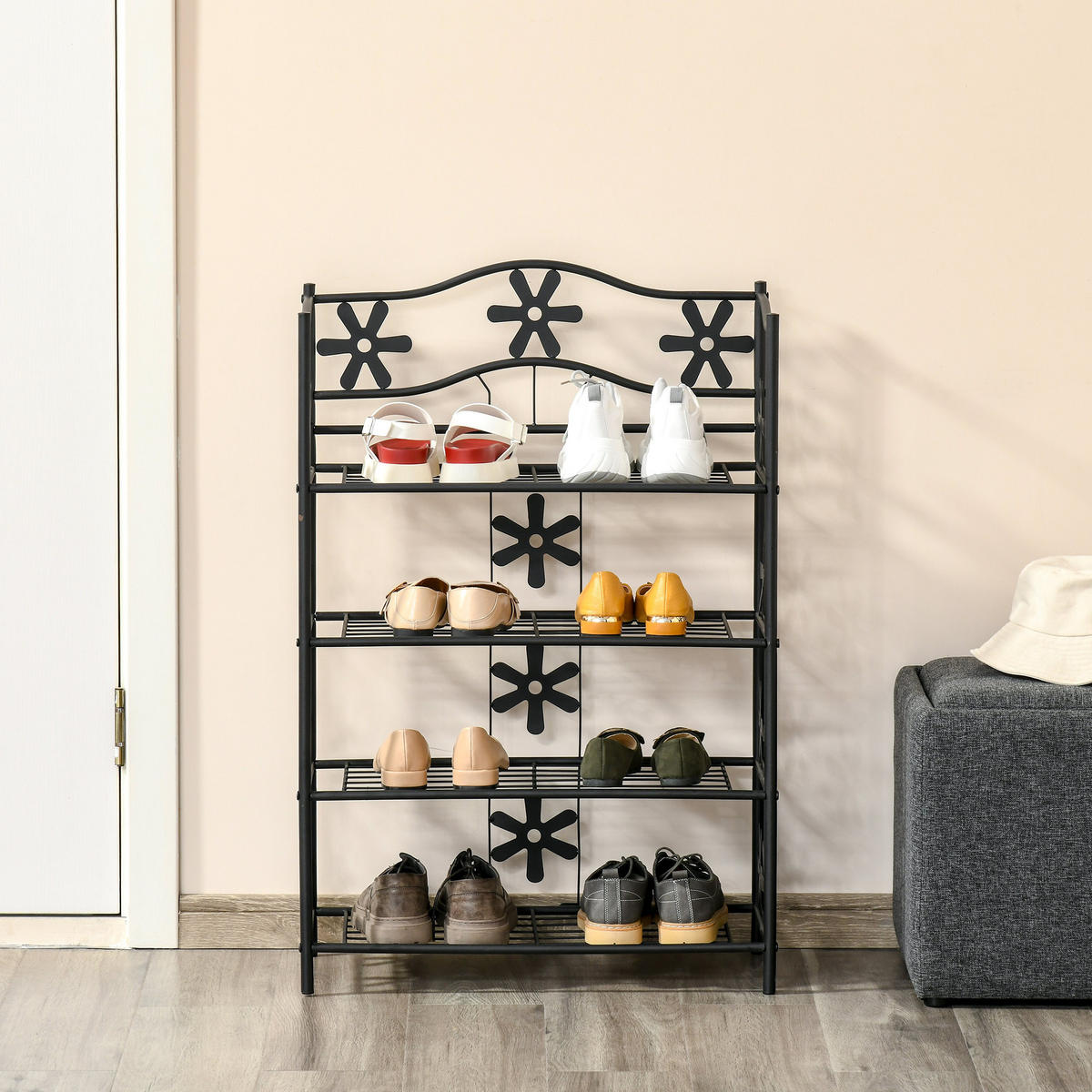 SCHUHREGAL, Standregal, Ständer, 4 Ebenen, Metall, 59,5 x 30 x 92 cm, Schwarz - Schwarz, Metall (30/92/595cm) - HOMCOM