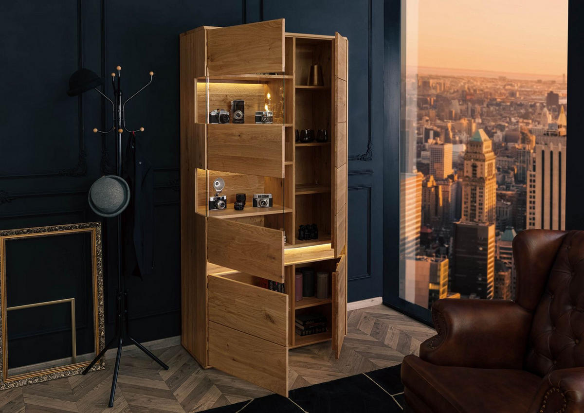 VITRINE Wildeiche inkl. LED 103x43,5x207 natur geölt CARDIFF #111 - Braun, Holz (103/207/44cm) - Massivmoebel24