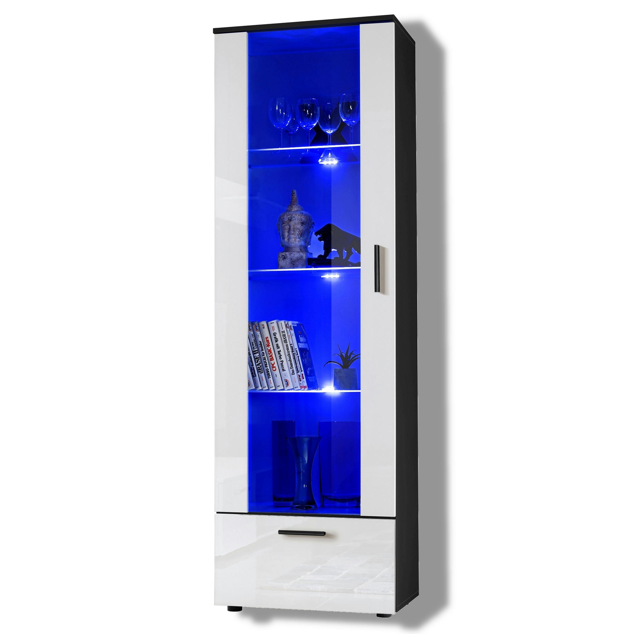 VITRINE ALESSANDRIA, Weiss, LED Blau - Schwarz/Weiß, Glas/Holzwerkstoff (60/192/42cm) - Komodee