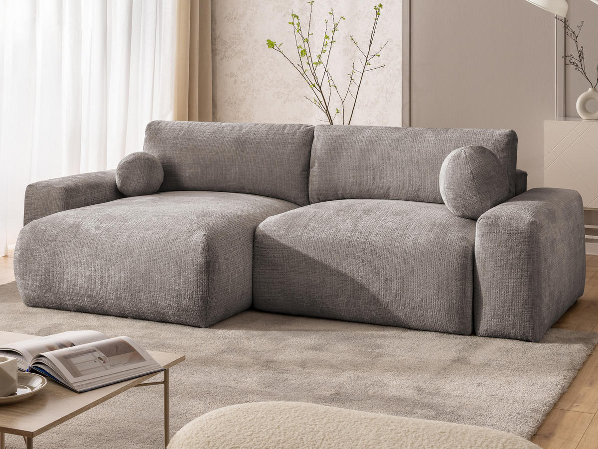 ECKSOFA Puffy mit Schlaffunktion und Bettkasten - besonders weich und puffig aus Taupe Chenille-Stoff - Ottomane links - Taupe/Schwarz, Holz/Kunststoff (138/266cm) - S-Style Möbel