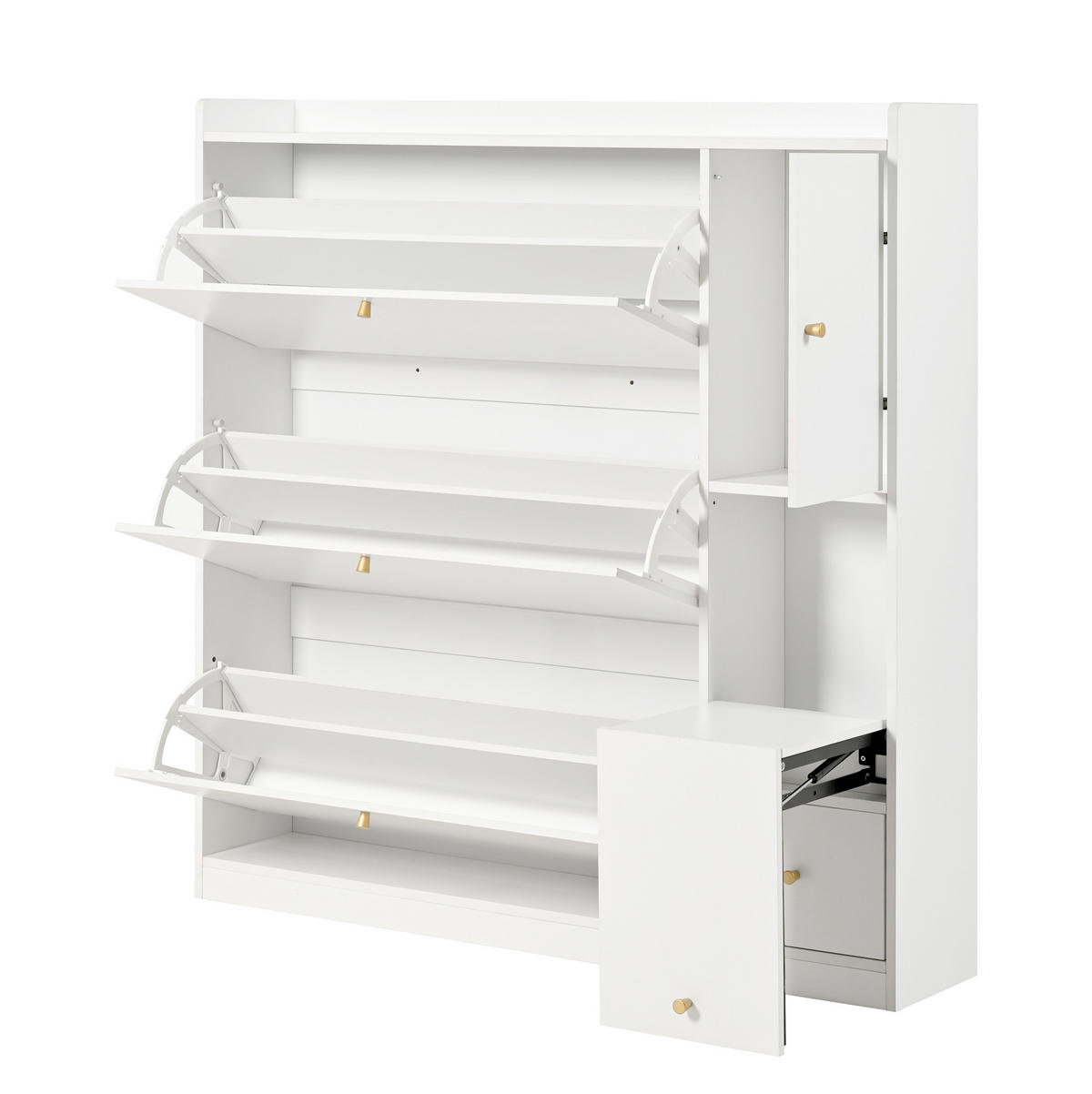 SCHUHSCHRANK 119/24/122 cm in Weiß mit 3 Klappen und klappbarer Sitzbank - Weiß, Holzwerkstoff (119/122/24cm) - Flora Grace