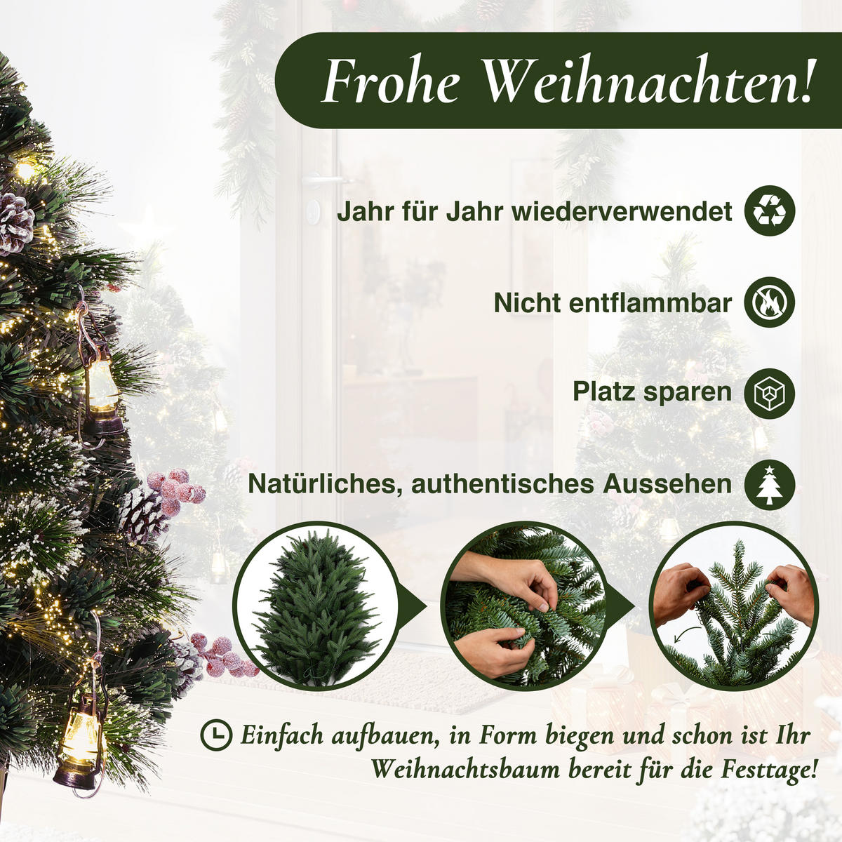 GLASFASER Weihnachtsbaum 95 cm mit LED & Mini-Laternen - Grün, Kunststoff (95cm) - Hometopia