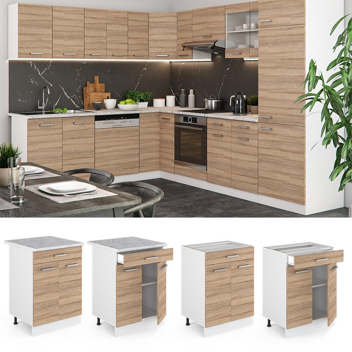 SPODNJA OMARICA ZA KUHINJO R-Line Sonoma 60 cm s predalom, DP Hrast - bela/hrast sonoma, leseni material (60/81.6/60cm) - Vicco