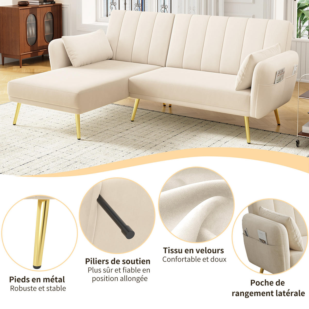 SOFA L-Form Klappsofa Schlaffunktion Zusatzecke Modern Gästezimmer Heimkino - Beige, Holz (110.49/70.99cm) - FLIEKS