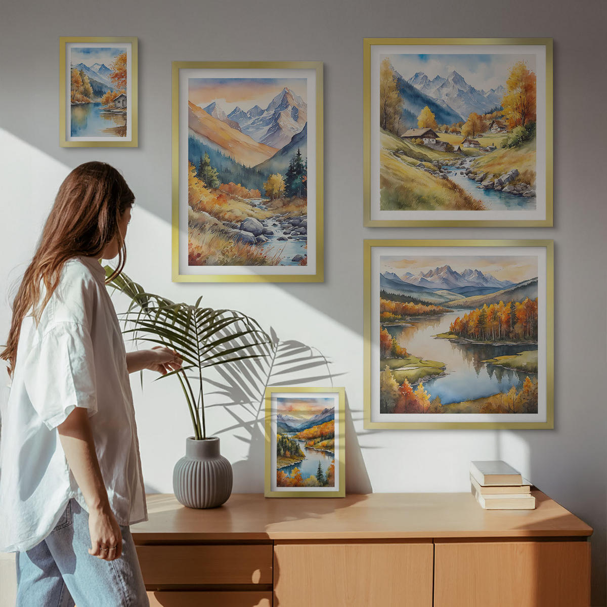 WANDBILDER 5er Set - 50x50 cm & 20x30 cm & 40x60 cm Goldrahmen - Ansichten der Zitronenarchitektur von Positano - Goldfarben, Kunststoff (40/60cm) - ArtPrintCave