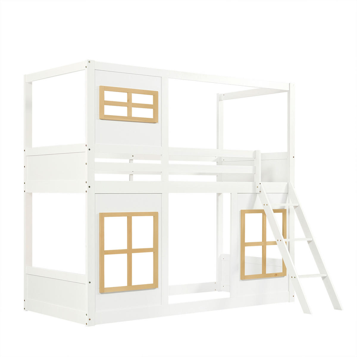 ETAGENBETT 90/200 cm weiß und natur aus Kiefer mit Fenstern - Weiß, Holz (90/200cm) - OKWISH