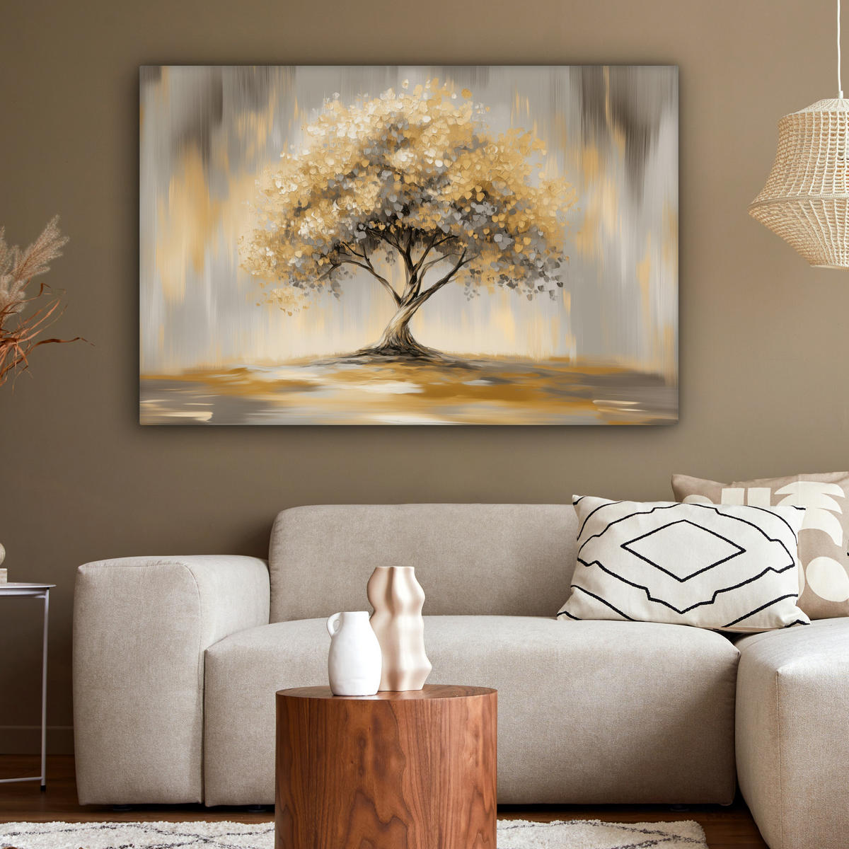 LEINWANDBILD Gemälde - Baum - Abstrakt - Blätter Wohnzimmer Groß 120x80 cm - Beige, Textil (120/80cm) - MuchoWow