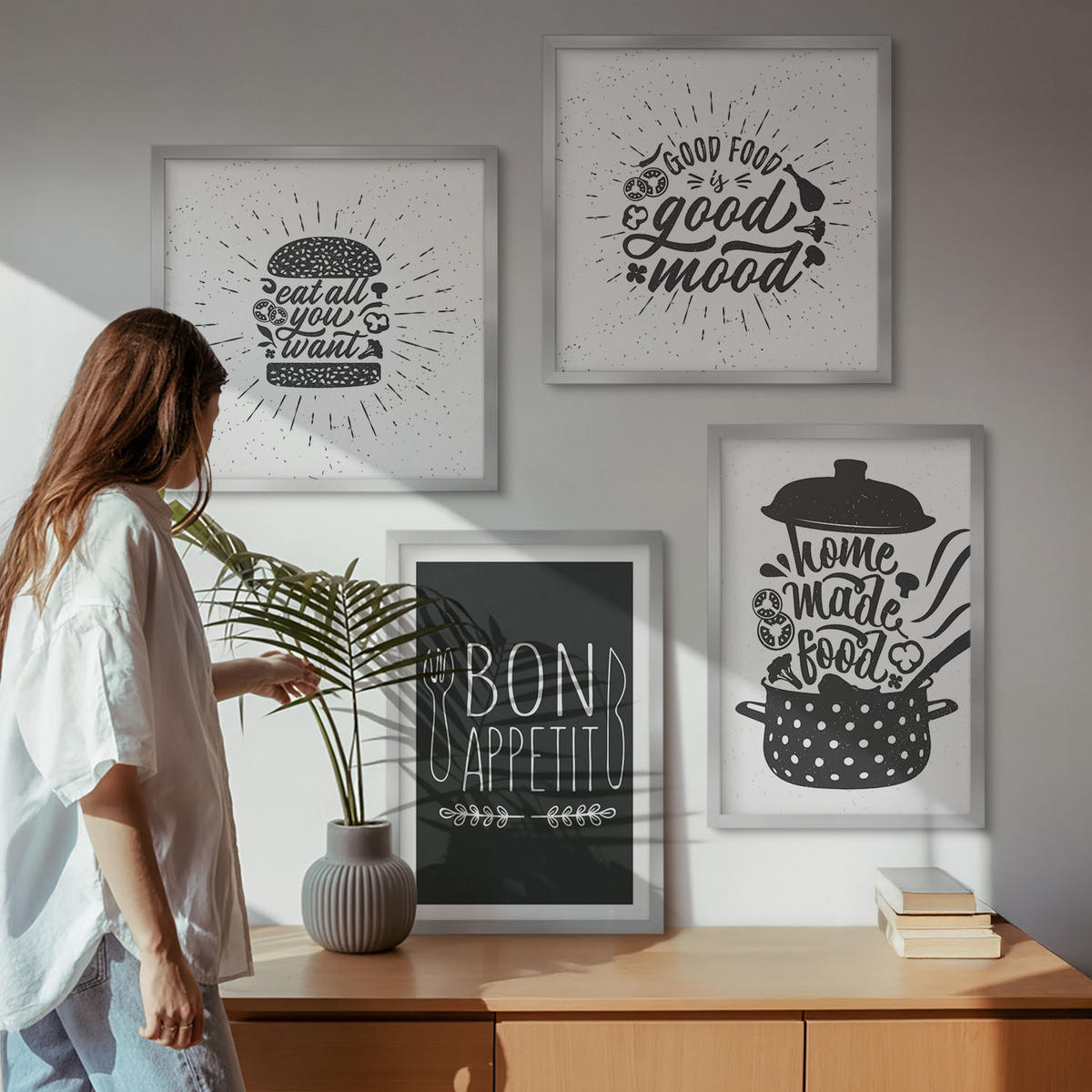 BILDER SET 4er Set - 50x50 cm & 40x60 cm Silberner Rahmen - Grafiken, Lebensmittel, kulinarische Slogans - Silberfarben, Kunststoff (50/50cm) - TULUP