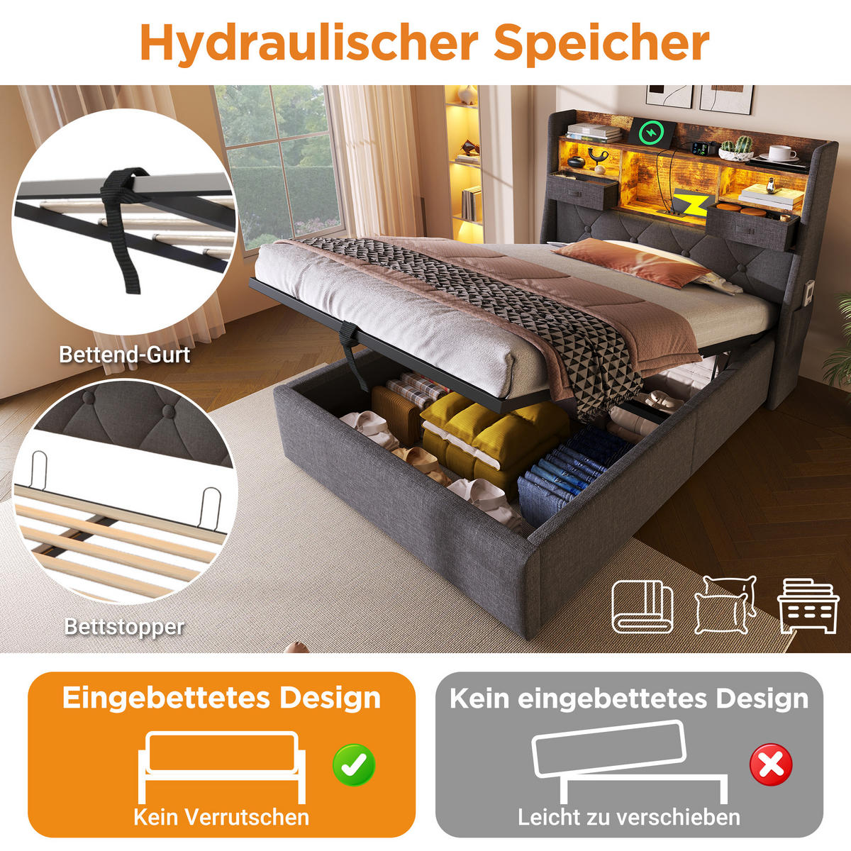 POLSTERBETT 90/200 cm mit LED, USB- und Type-C-Anschlüssen, hydraulischem Stauraum und Matratze, Grau - Grau, Textil (90/200cm) - Redom
