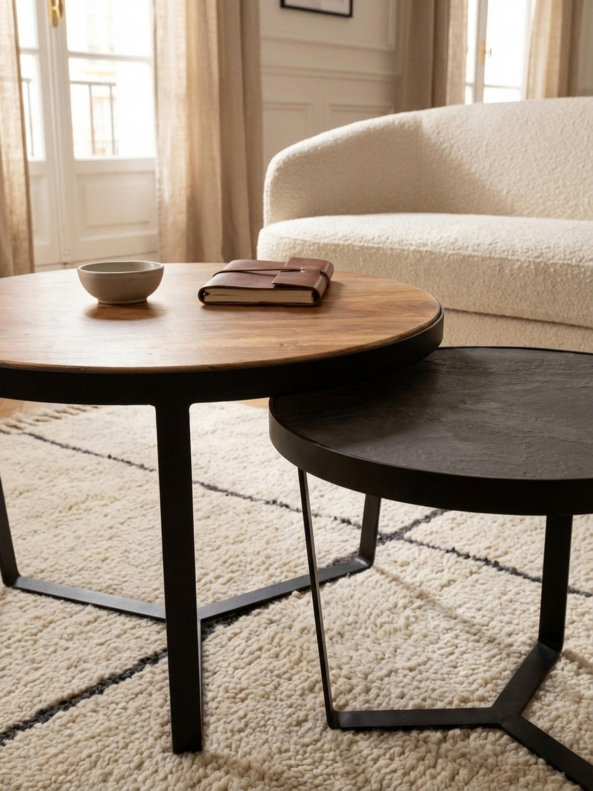 COUCHTISCH Set rund – Akazie Massivholz, Steinoptik, Metallgestell, Braun-Anthrazit - Schwarz, Holz/Metall (60/60/40cm) - KADIMA DESIGN