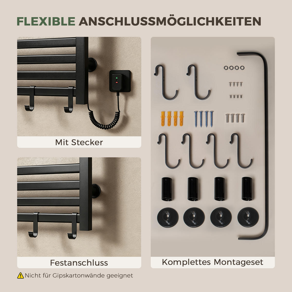 HANDTUCHHEIZKÖRPER 45/60 cm Schwarz elektrisch 155 W mit WLAN, Ablage und 6 Haken - Schwarz, Metall (60/45/20cm) - S'AFIELINA