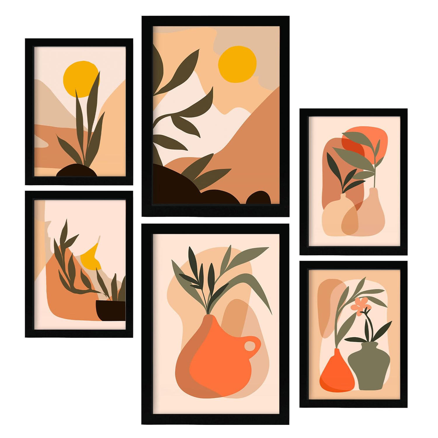 POSTER Set Mit 6 Mondhelle Vasen A3 & A4 Schwarzer Rahmen - Schwarz, Papier (29/3cm) - Nacnic