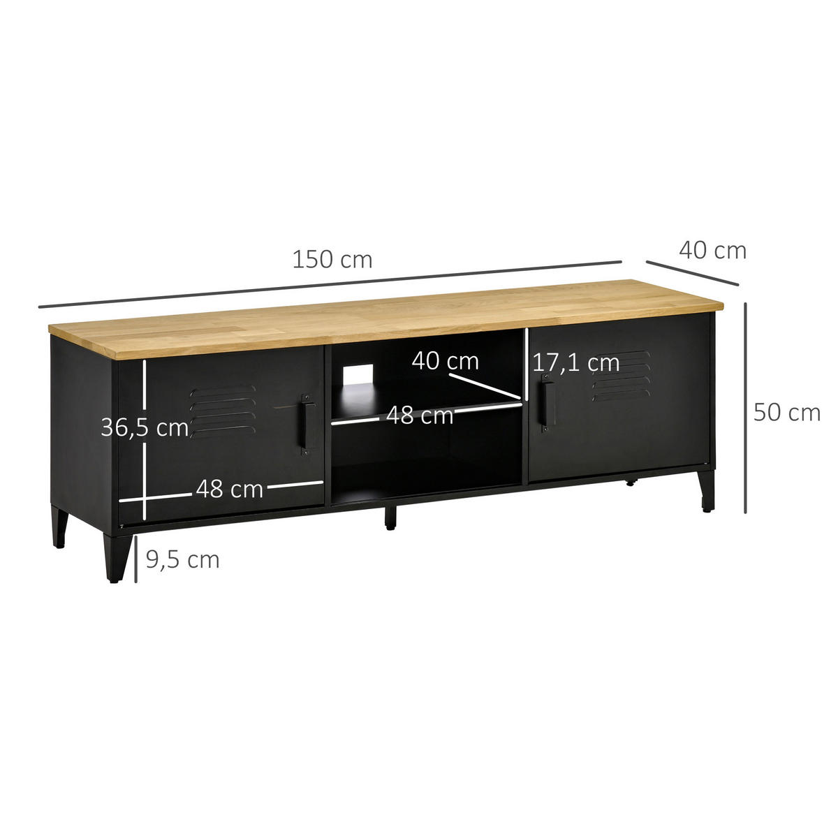 LOWBOARD DE-16082 150/40/50 cm Schwarz/Naturholz - Schwarz, Metall (150/50/40cm) - ComfortXL