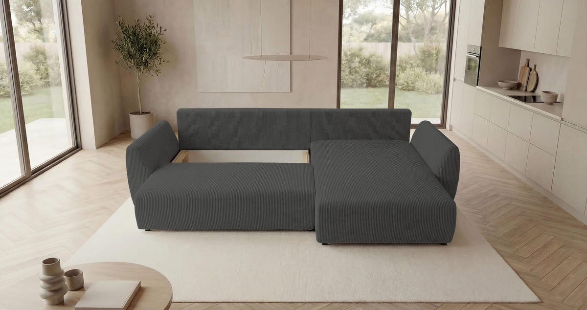 ECKSOFA SYDNEY rechts dunkelgrau Cord Poso 60 - Schlaffunktion, Bettkasten - Anthrazit, Textil (280/175cm) - Cornero