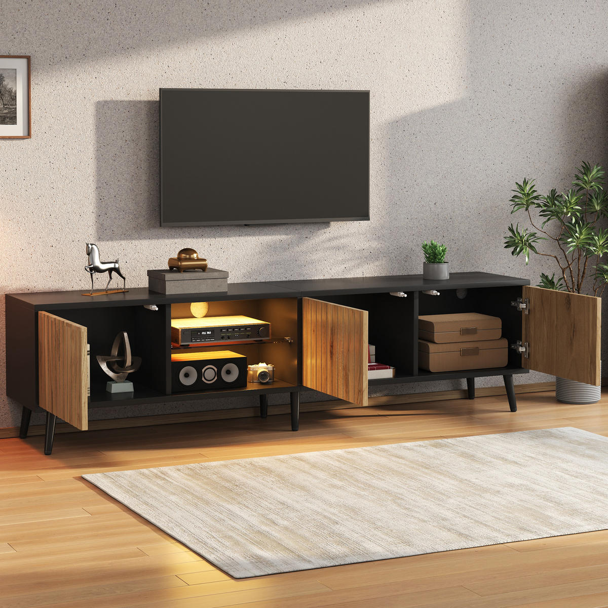 TV-LOWBOARD 175x31x43,5 cm Holz Schwarz LED 3 Schränke Stauraum - Naturfarben, Holzwerkstoff (31/43.5/175cm) - FLIEKS