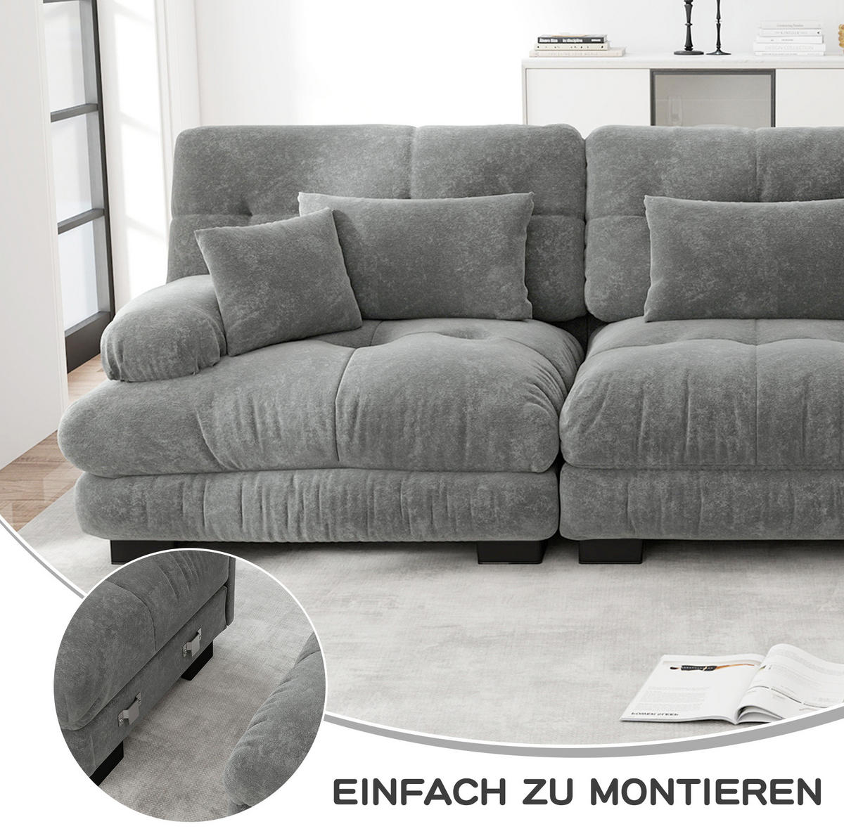 ECKSOFA 313/145/81 cm in Grau aus Chenille mit Ottomanen, modular und besonders bequem - Grau, Textil (145/313cm) - Flora Grace