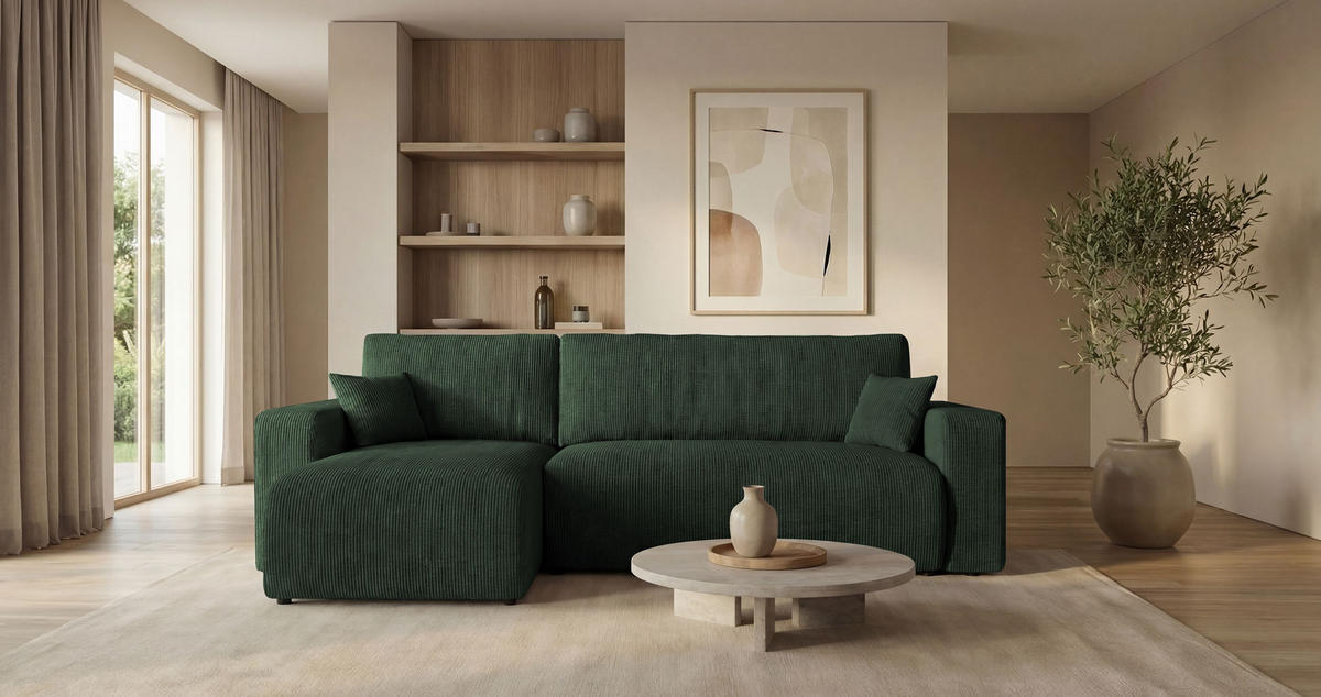 ECKSOFA PARIS links grün Cord Poso 14 - Schlaffunktion, Bettkasten - Grün, Textil (255/150cm) - Cornero