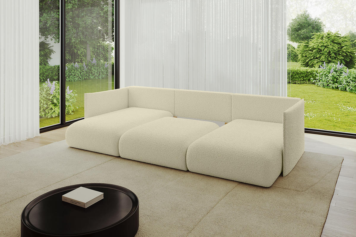 WOHNLANDSCHAFT mit Schlaffunktion und Bettkasten ONESK-U 304x165x40 Beige Bouclé - Beige, Holzwerkstoff/Kunststoff (304/90/165cm) - ALTDECOR