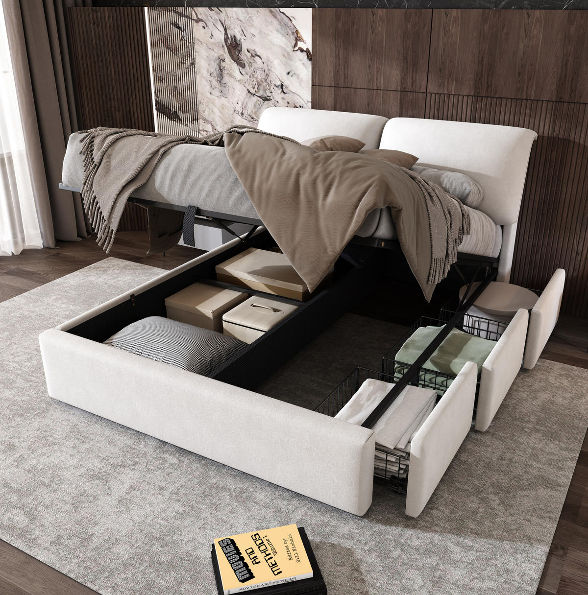 POLSTERBETT 140/190 cm Beige aus Samt mit hydraulischem Bettkasten und 3 Schubladen mit verstellbarem Kopfteil - Beige, Textil (140/190cm) - OKWISH
