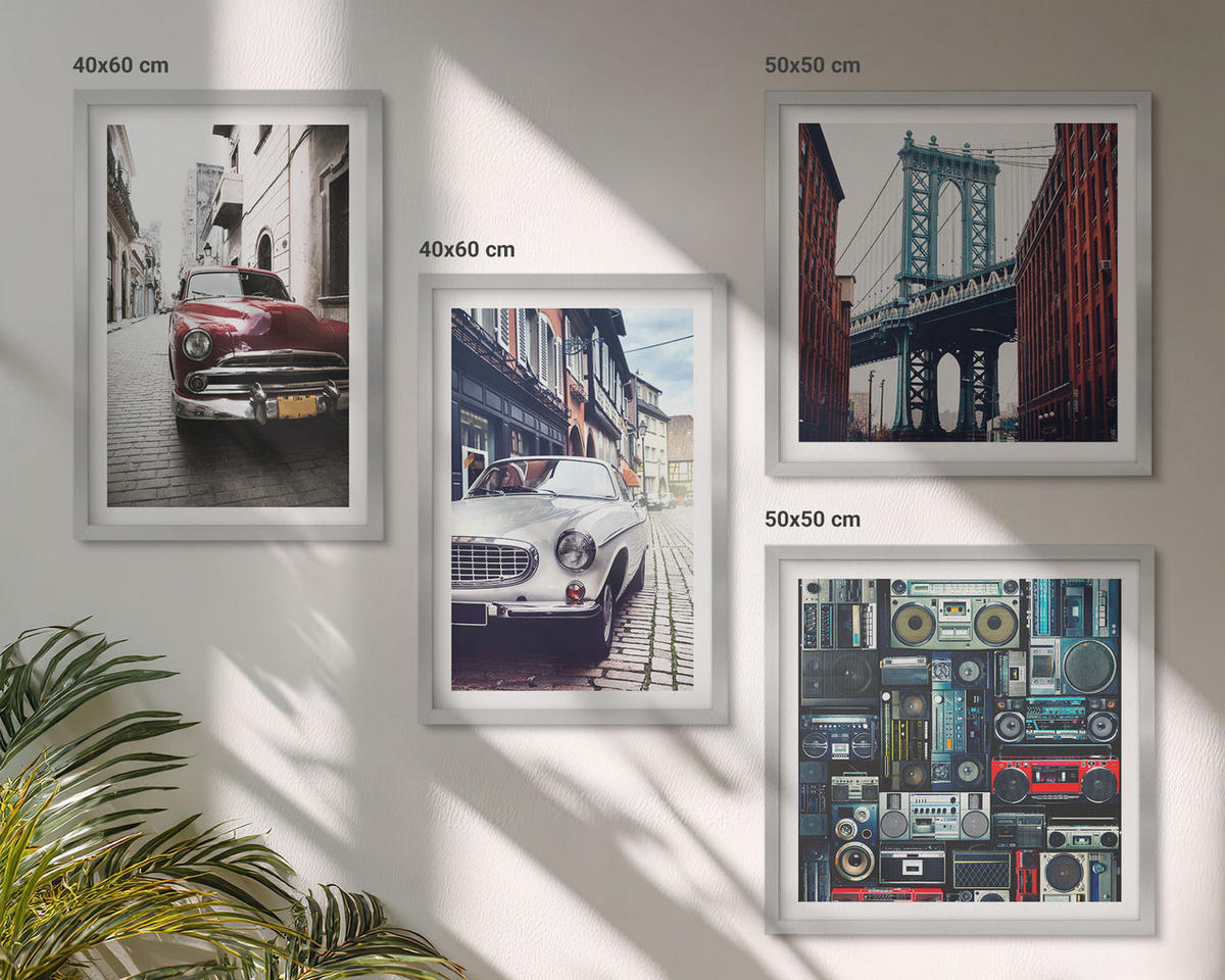 BILDER SET 4er Set - 50x50 cm & 40x60 cm Silberner Rahmen - Old Cars Brooklyn Retro-Audio - Silberfarben, Kunststoff (50/50cm) - TULUP