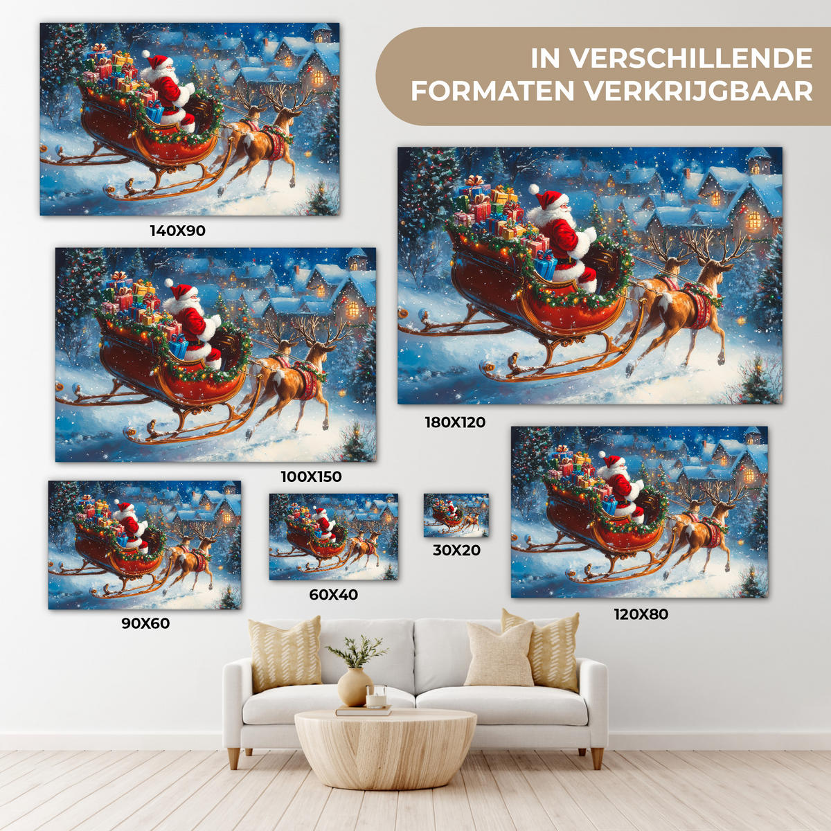 LEINWANDBILD Weihnachtsmann - Rentier - Weihnachten - Schnee Wanddeko 90x60 cm - Cognac, Textil (90/60cm) - MuchoWow