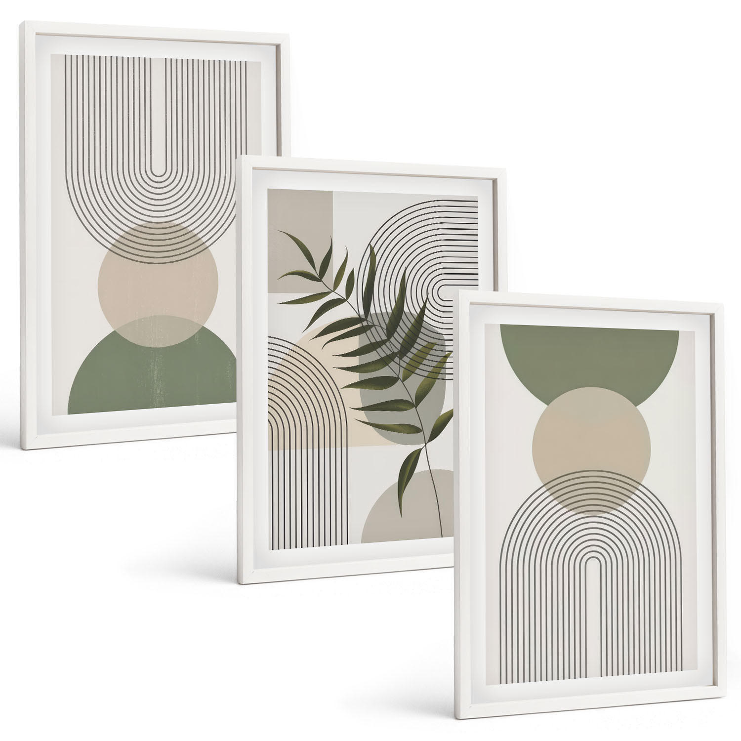 BILDER SET 3er Set - 40x60 cm Weißer Rahmen - Abstrakte Formen mit Grün - Weiß, Kunststoff (40/60cm) - TULUP