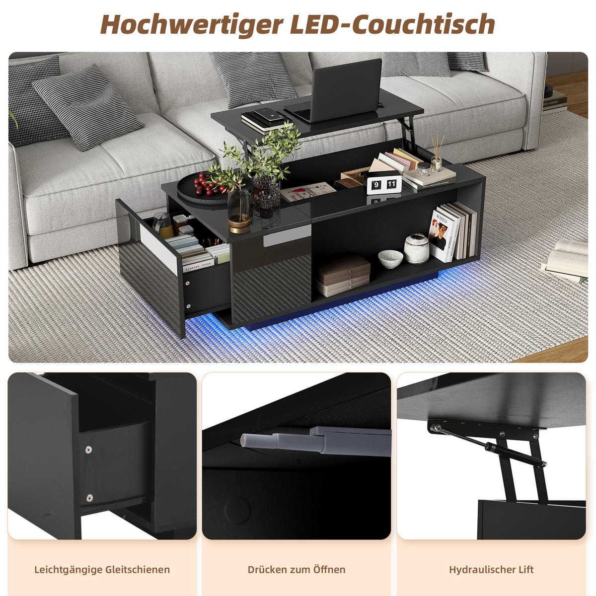 COUCHTISCH 100/50/40 cm höhenverstellbar mit verstecktem Stauraum und LED-Licht - Schwarz, Holzwerkstoff (100/50/40cm) - OKWISH