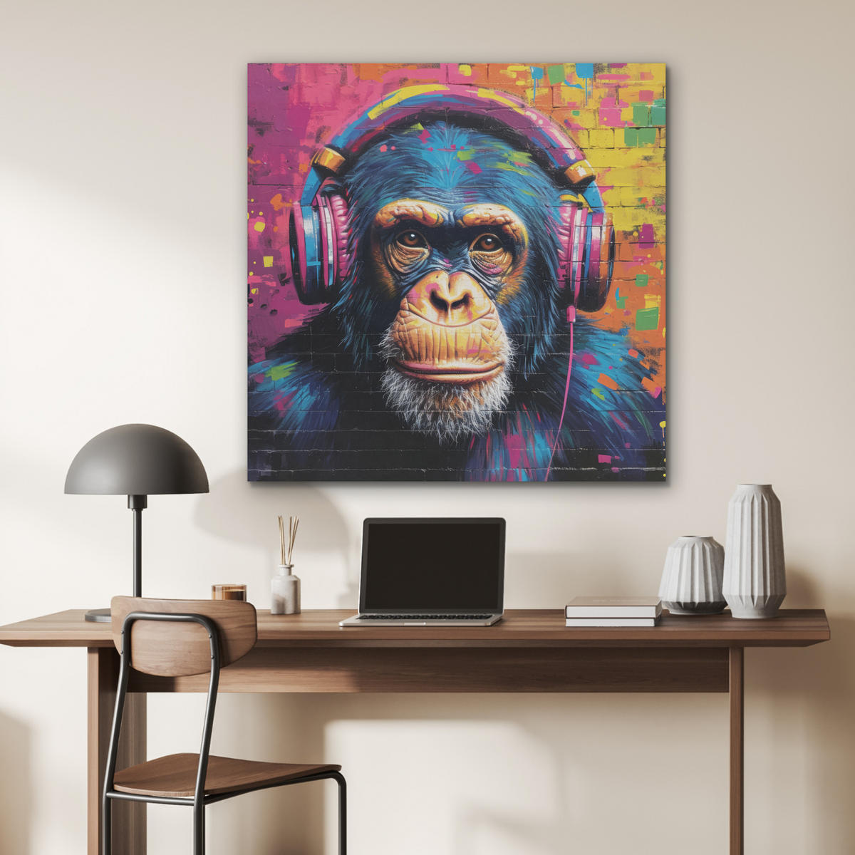 AKUSTIKPANEEL Graffiti - Schimpanse - Straßenkunst - Kopfhörer - Affe 90x90 cm - Blau, Textil (90/0.9/90cm) - MuchoWow