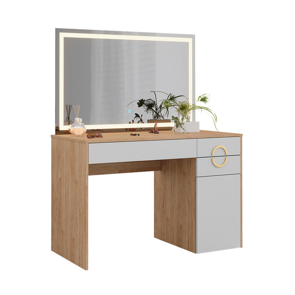 SCHMINKTISCH Adela Natural Rockford Hickory 115 cm mit LED-Spiegel - Weiß/Sonoma Eiche, Holzwerkstoff (115/76.4/55cm) - Vicco