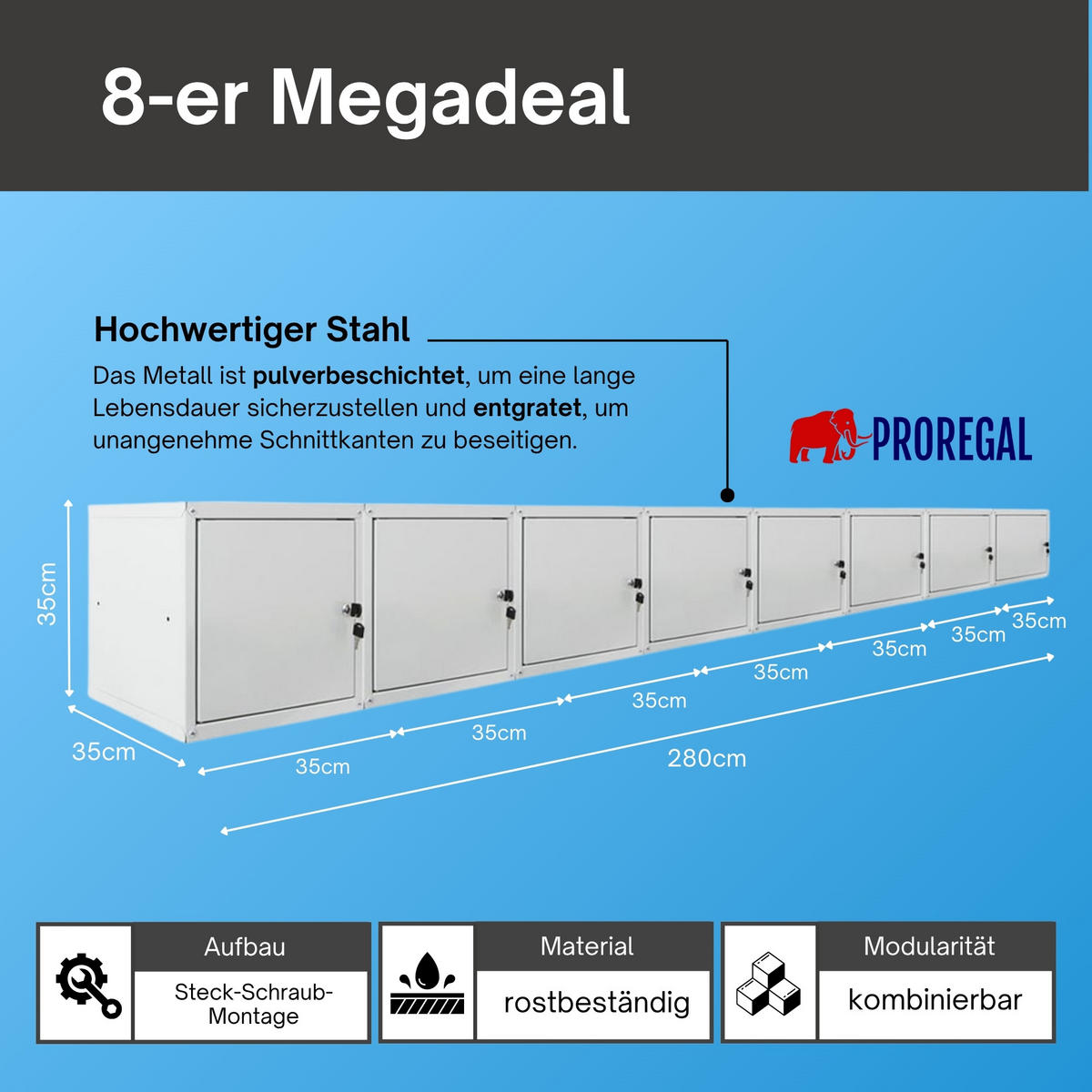 SCHLIESSFACHWÜRFEL Cubic 8er-Set 35x35x35 cm Grau - Grau, Metall (70/140/35cm) - PROREGAL