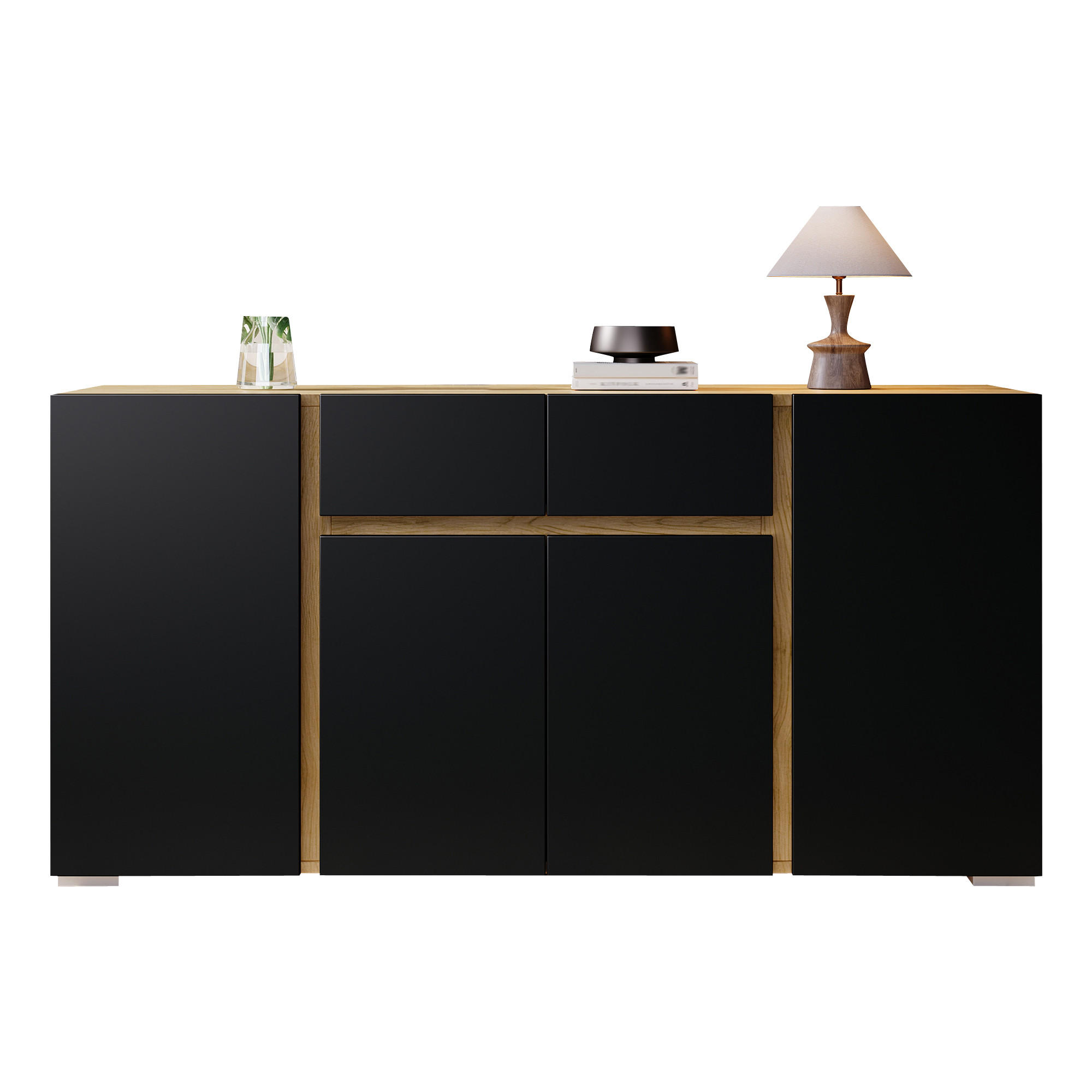 SIDEBOARD Schwarz & Naturholz 140cm mit 4 Türen 2 Schubladen - Schwarz, Holzwerkstoff (140/70/35cm) - Urban Meuble