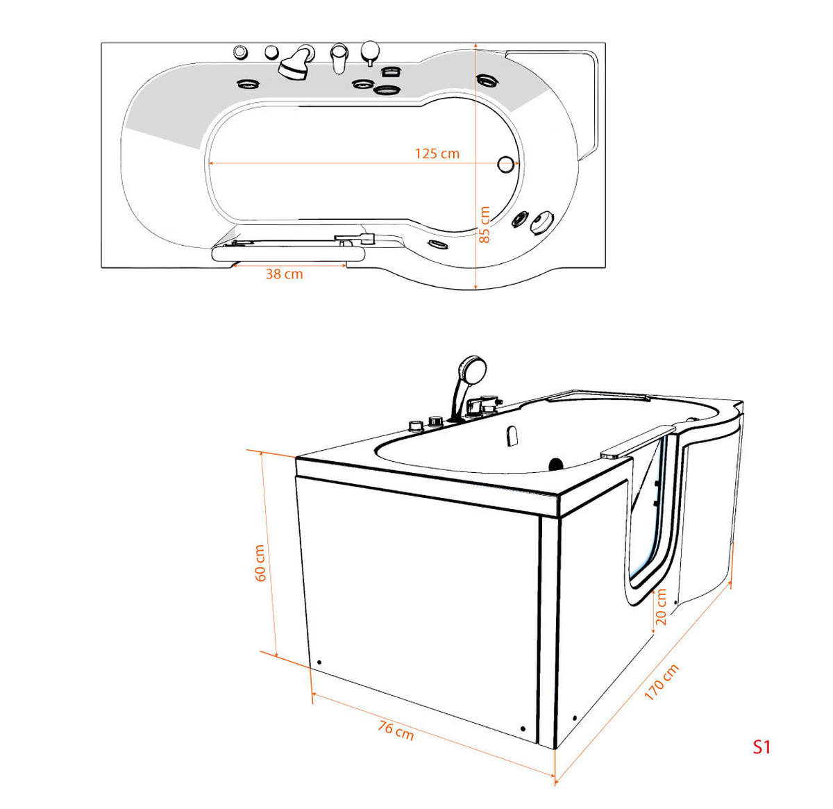 SENIORENBADEWANNE mit Tür S12-L 170x85cm - Weiß, Glas/Kunststoff (85/60/170cm) - AcquaVapore by Sandra Jentho